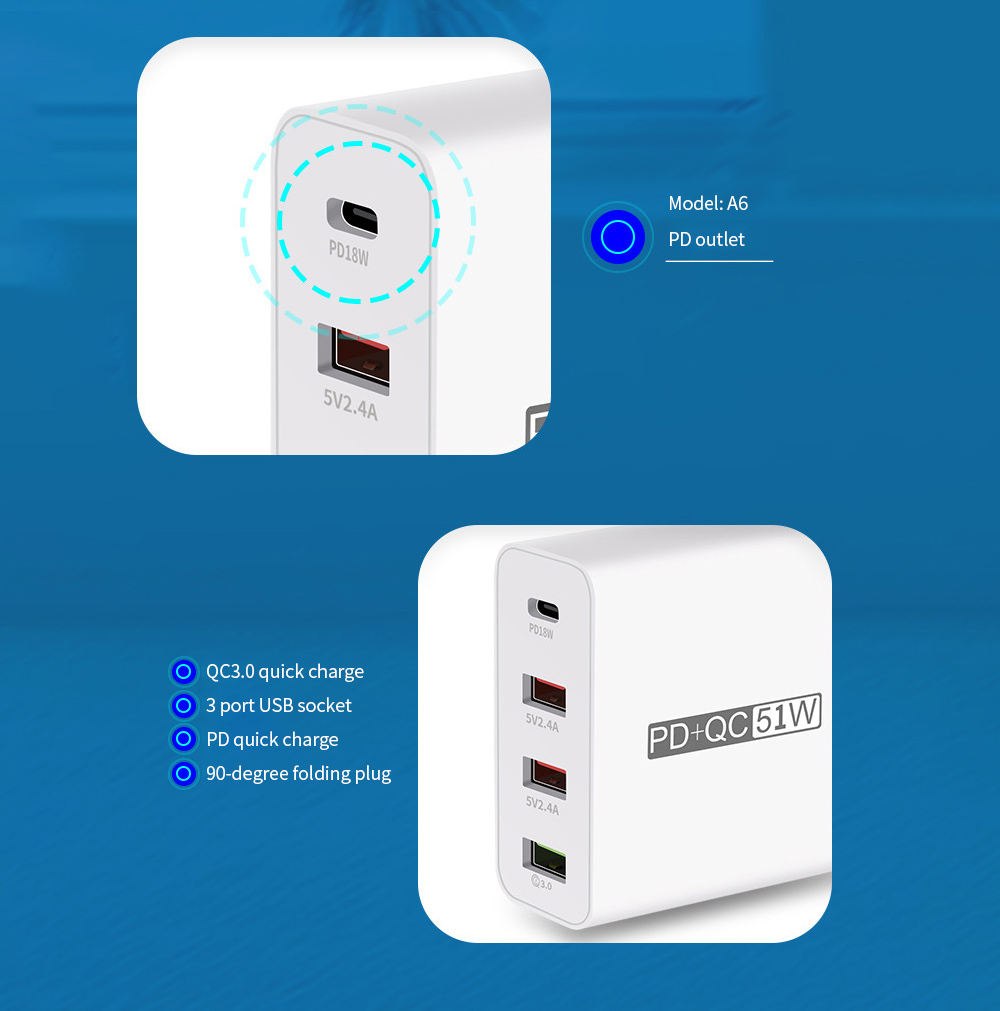A6 USB Multi-port Plug Adaptor Mobile Phone Charger PD18W QC3.0 Total Power 51W Fast Charge Charging Head - White UK Plug A6 USB Multi-port Plug Adaptor Mobile Phone Charger PD18W QC3.0 Total Power 51W Fast Charge Charging Head - White UK Plug